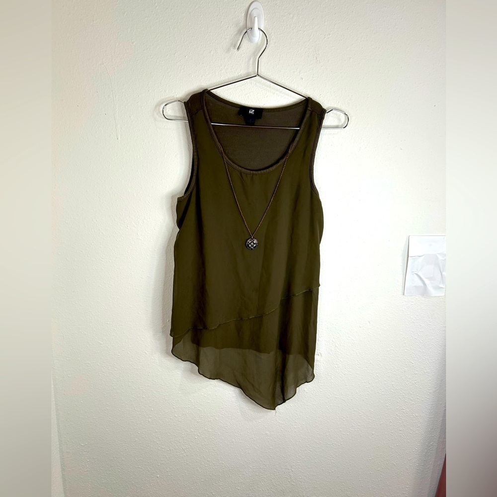 iZByer Women Olive Green Sleeveless High-Low Tank Top Blouse Small Flowy Layered